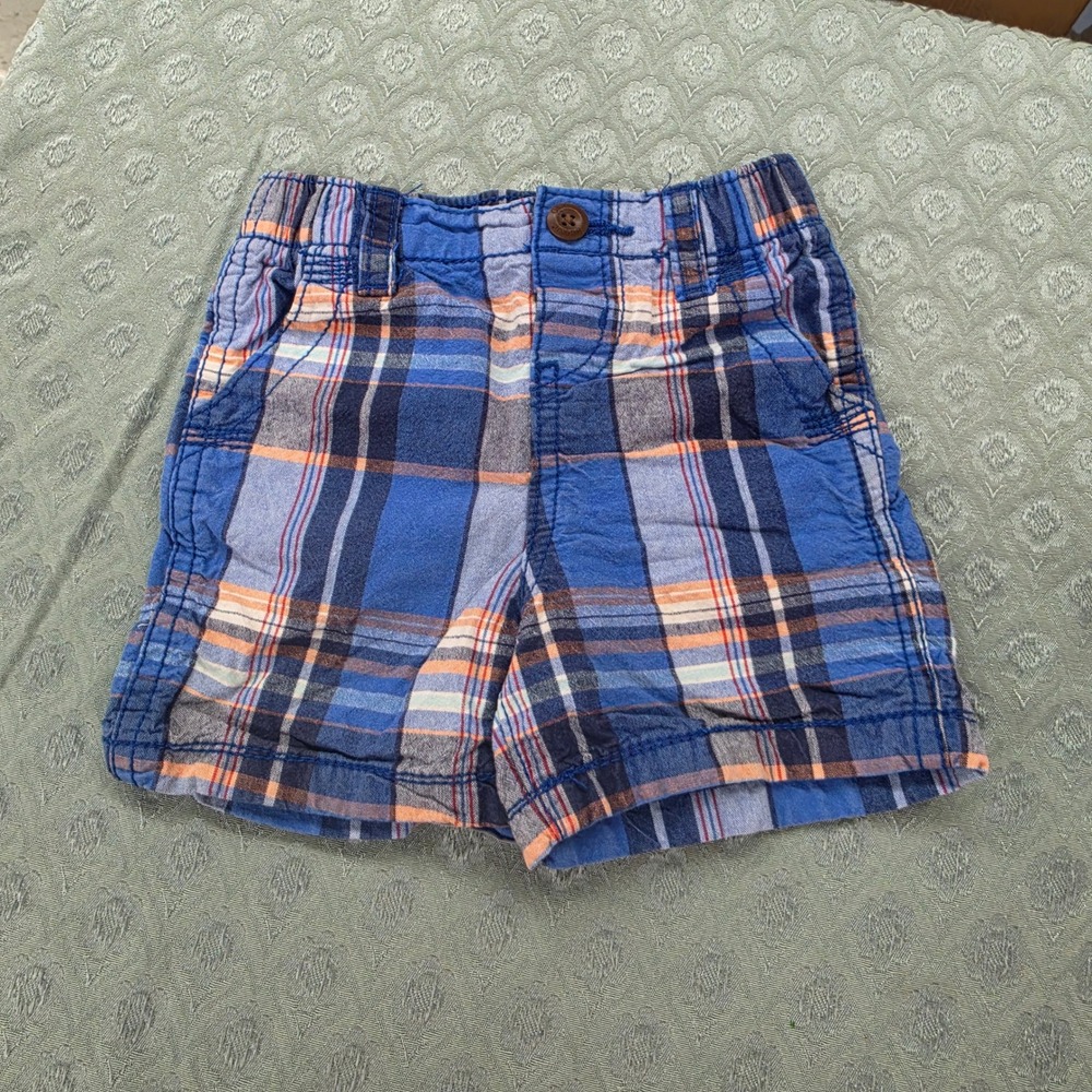 OshKosh Bgosh Baby‎ Boys Blue Orange Plaid Cotton Shorts 9 Months 434-671